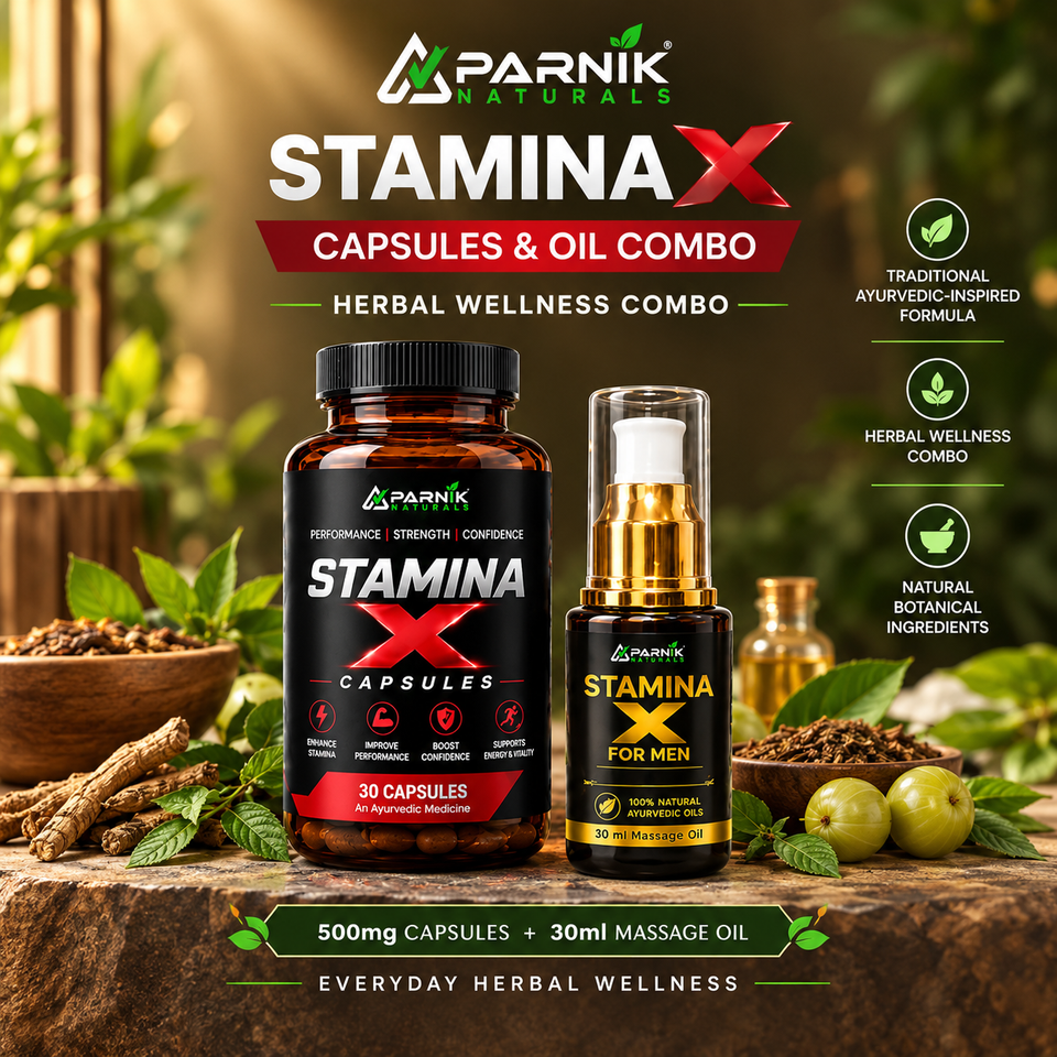 Parnik Naturals Stamina X Wellness Combo for Men | Ayurvedic-Inspired Herbal Capsules & 30ml Massage Oil | Daily Herbal Wellness Routine