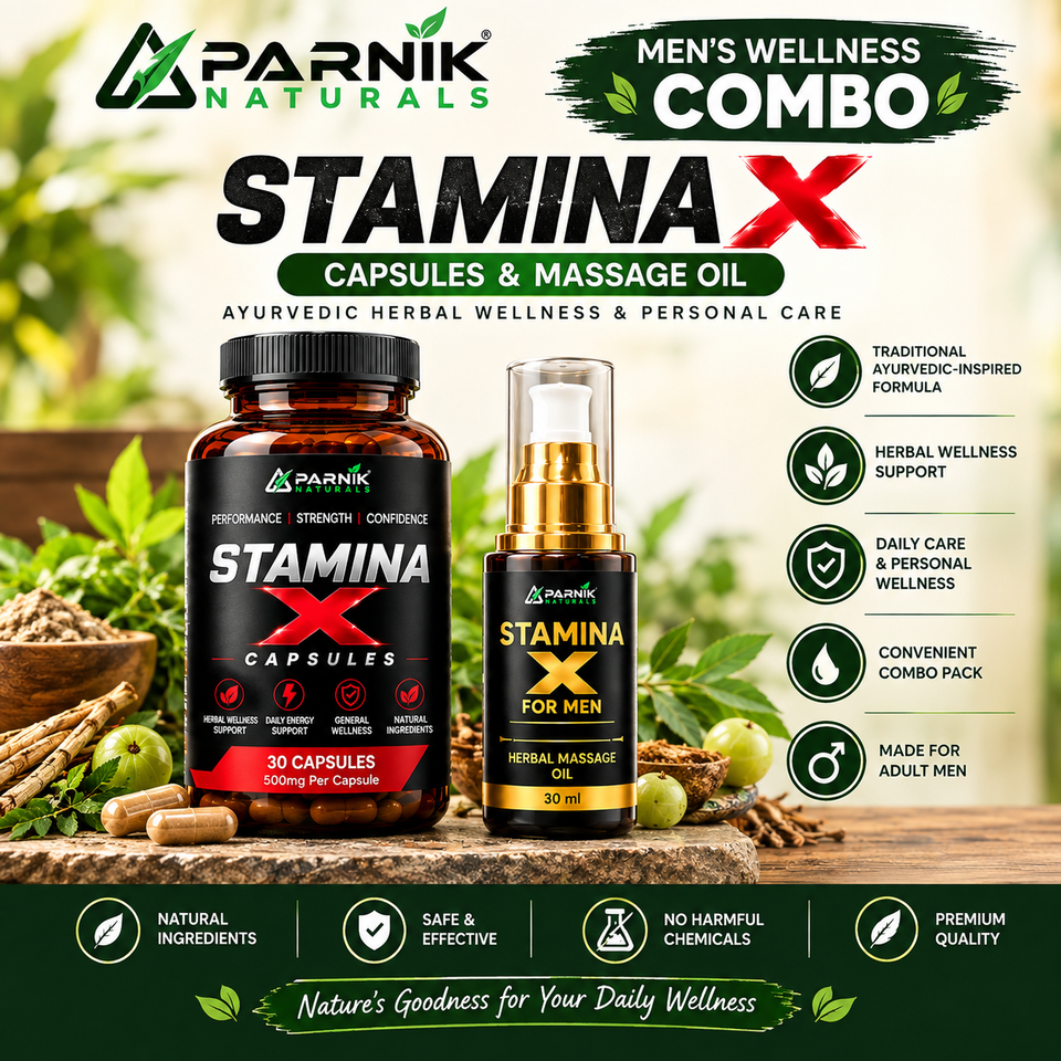 Parnik Naturals Stamina X Wellness Combo for Men | Ayurvedic-Inspired Herbal Capsules & 30ml Massage Oil | Daily Herbal Wellness Routine